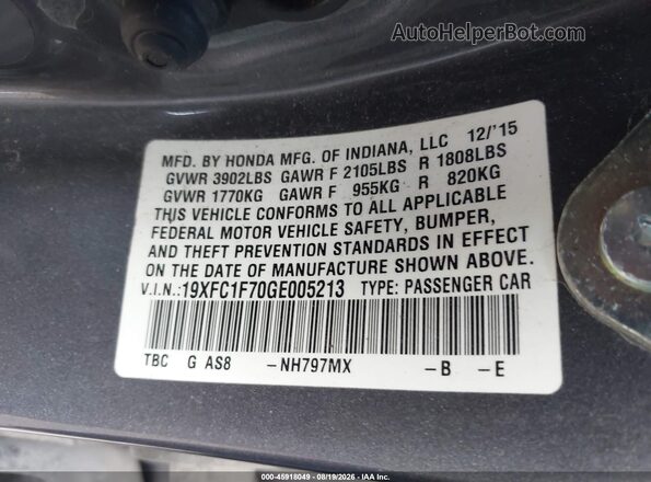 19XFC1F70GE005213 2016 HONDA CIVIC Gray Շարժիչի բաժամունքի տեսք