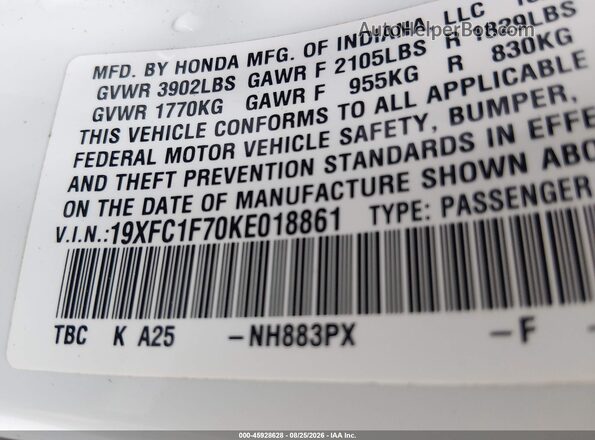 19XFC1F70KE018861 2019 HONDA CIVIC White Вид підкапотного простору