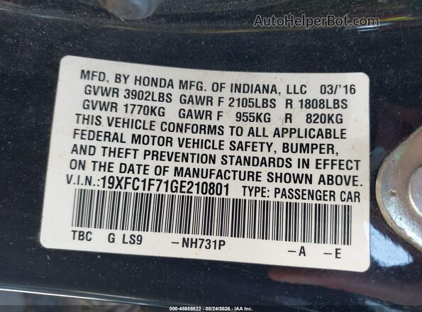 19XFC1F71GE210801 2016 HONDA CIVIC Black Engine compartment view