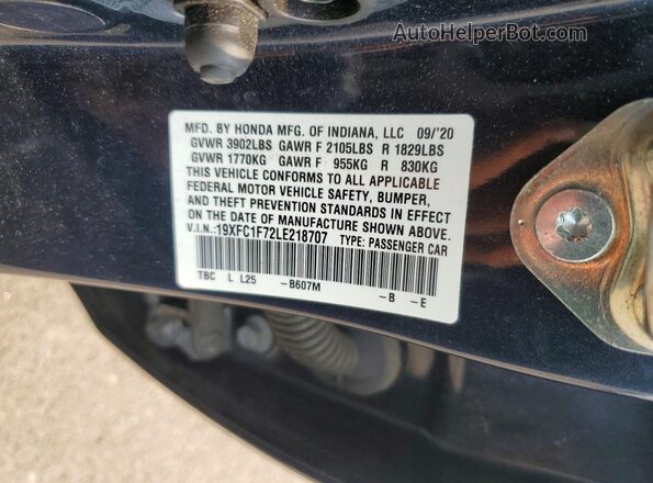 19XFC1F72LE218707 2020 HONDA CIVIC Charcoal Շարժիչի բաժամունքի տեսք