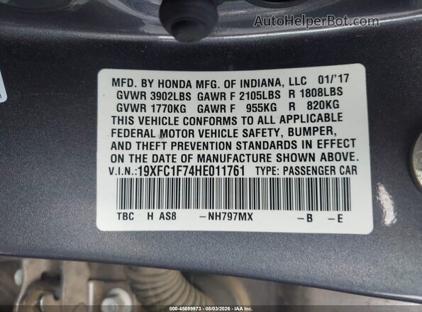 19XFC1F74HE011761 2017 HONDA CIVIC Gray Engine compartment view