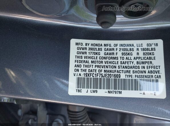 19XFC1F75JE201669 2018 HONDA CIVIC Gray Vista del compartimento del motor