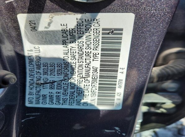 19XFC1F75ME013447 2021 HONDA CIVIC Gray Vista del compartimento del motor