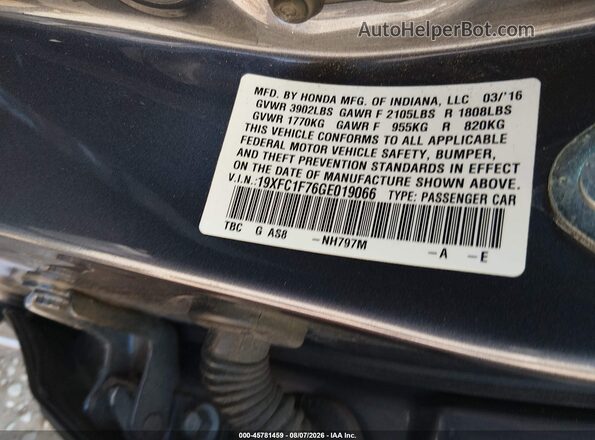 19XFC1F76GE019066 2016 HONDA CIVIC Gray Engine compartment view