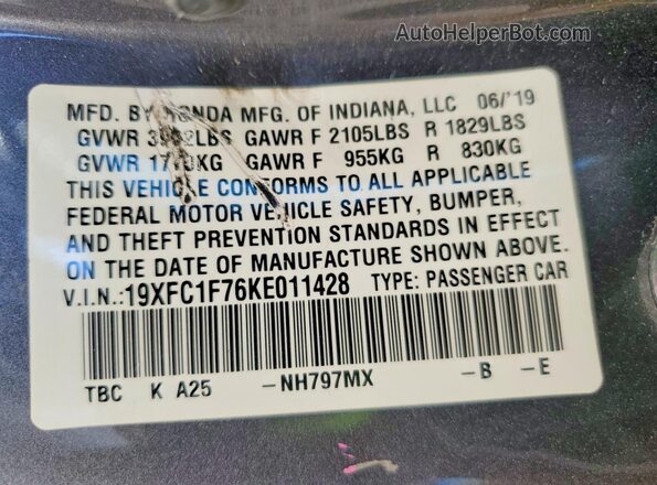 19XFC1F76KE011428 2019 HONDA CIVIC Gray Vista del compartimento del motor