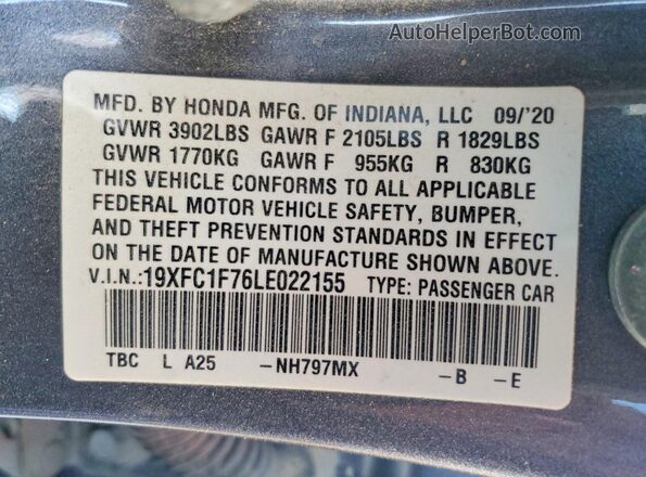 19XFC1F76LE022155 2020 HONDA CIVIC Gray Շարժիչի բաժամունքի տեսք
