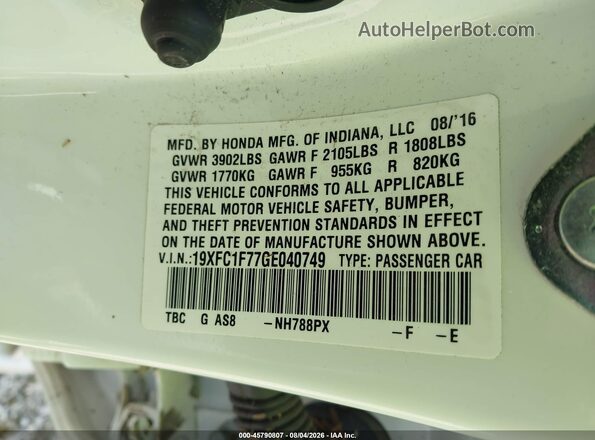 19XFC1F77GE040749 2016 HONDA CIVIC White Вид підкапотного простору