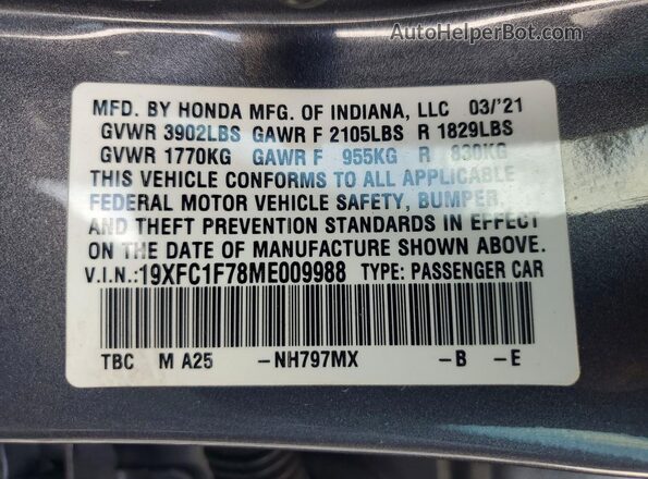 19XFC1F78ME009988 2021 HONDA CIVIC Gray VIN კოდის სტიკერის ხედი