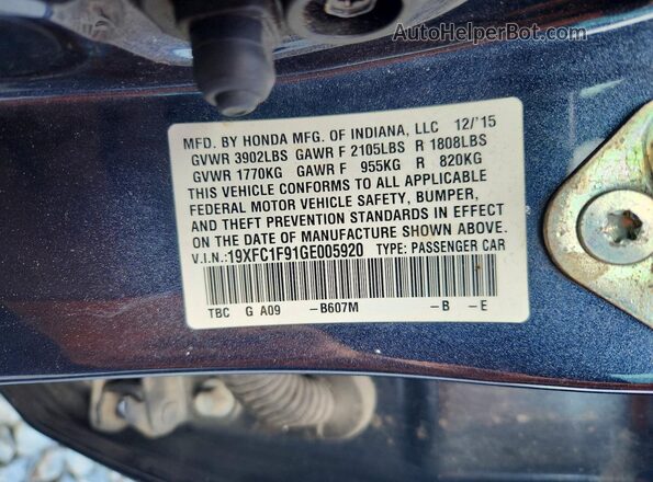 19XFC1F91GE005920 2016 HONDA CIVIC Blue Vista del compartimento del motor