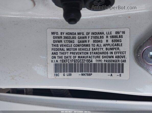 19XFC1F92GE221954 2016 HONDA CIVIC White Widok komory silnika