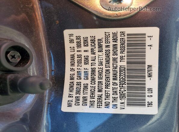 19XFC1F93GE222031 2016 HONDA CIVIC Gray VIN კოდის სტიკერის ხედი