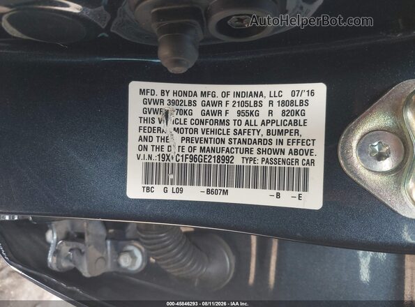 19XFC1F96GE218992 2016 HONDA CIVIC Blue Շարժիչի բաժամունքի տեսք