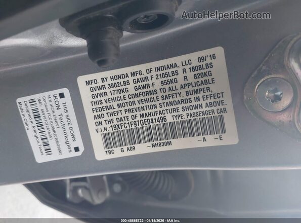 19XFC1F97GE041496 2016 HONDA CIVIC Серебряный Вид подкапотного пространства