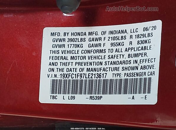 19XFC1F97LE213617 2020 HONDA CIVIC Red Engine compartment view