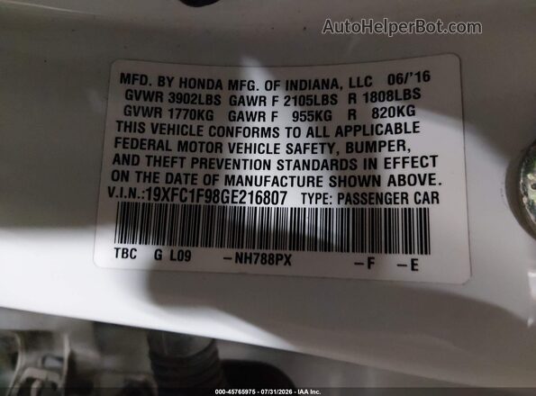 19XFC1F98GE216807 2016 HONDA CIVIC Белый Вид подкапотного пространства