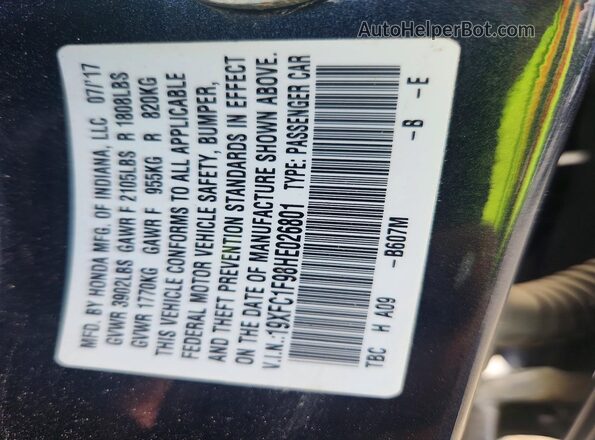 19XFC1F98HE026801 2017 HONDA CIVIC Charcoal VIN კოდის სტიკერის ხედი