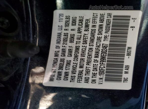 19XFC1F99ME002467 2021 HONDA CIVIC Charcoal ძრავის განყოფილების ხედი