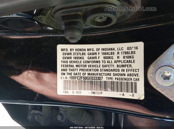 19XFC2F50GE033307 2016 HONDA CIVIC Black Widok komory silnika