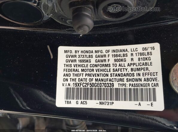 19XFC2F50GE070339 2016 HONDA CIVIC Black Շարժիչի բաժամունքի տեսք