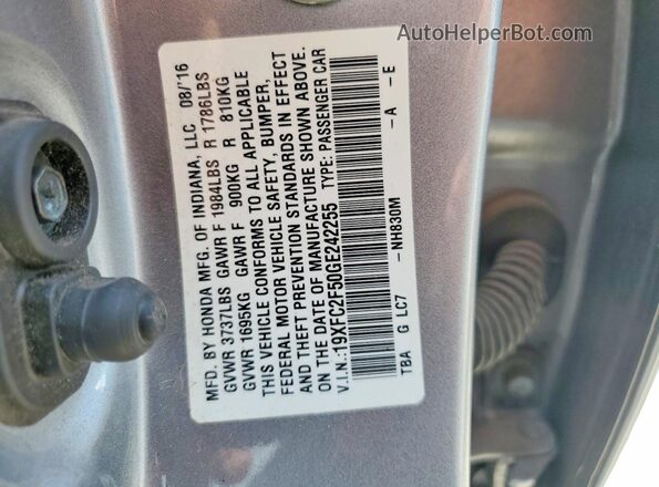 19XFC2F50GE242255 2016 HONDA CIVIC Silver VIN կոդի պիտակի տեսք