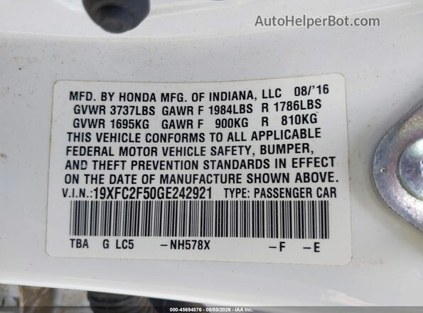 19XFC2F50GE242921 2016 HONDA CIVIC White Շարժիչի բաժամունքի տեսք