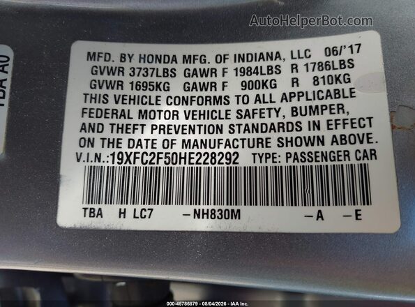 19XFC2F50HE228292 2017 HONDA CIVIC Silver Widok komory silnika