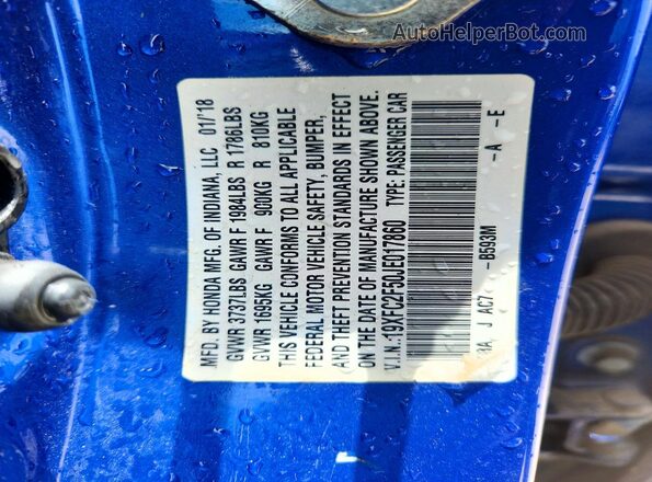 19XFC2F50JE017860 2018 HONDA CIVIC Blue Vista del compartimento del motor