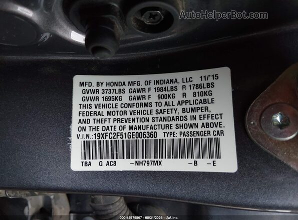 19XFC2F51GE006360 2016 HONDA CIVIC Gray Շարժիչի բաժամունքի տեսք