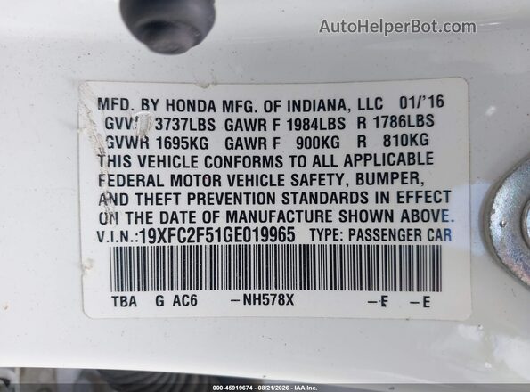 19XFC2F51GE019965 2016 HONDA CIVIC White Вид підкапотного простору
