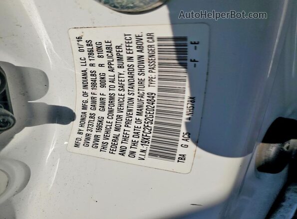 19XFC2F52GE024849 2016 HONDA CIVIC White VIN კოდის სტიკერის ხედი