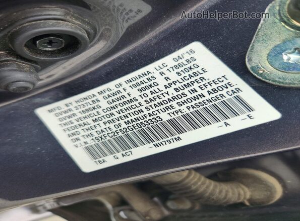 19XFC2F52GE053333 2016 HONDA CIVIC Gray Widok naklejki z numerem VIN