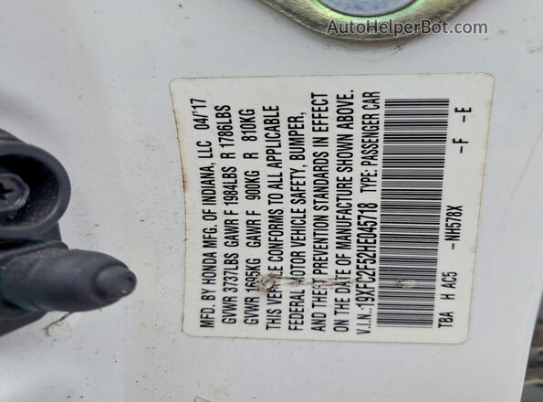 19XFC2F52HE045718 2017 HONDA CIVIC White VIN კოდის სტიკერის ხედი