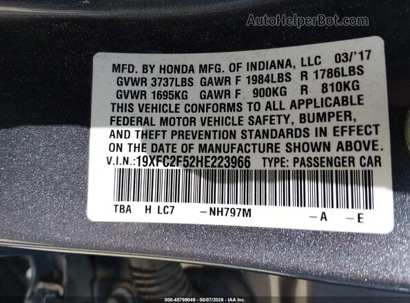 19XFC2F52HE223966 2017 HONDA CIVIC Серый Вид подкапотного пространства