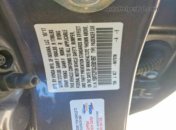19XFC2F52JE001997 2018 HONDA CIVIC Gray VIN կոդի պիտակի տեսք