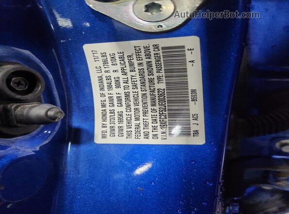 19XFC2F52JE003622 2018 HONDA CIVIC Blue VIN sticker view