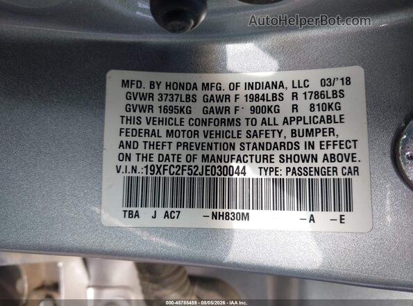 19XFC2F52JE030044 2018 HONDA CIVIC Silver Engine compartment view
