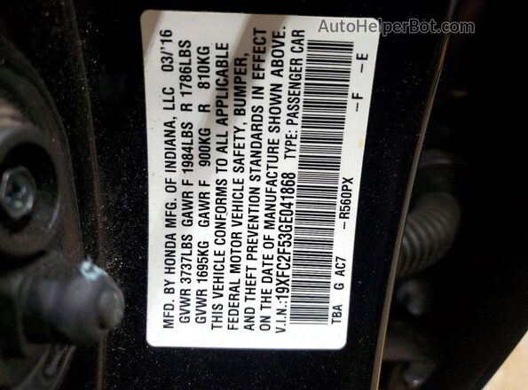19XFC2F53GE041868 2016 HONDA CIVIC Black Вид підкапотного простору