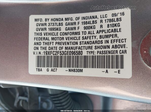 19XFC2F53GE096580 2016 HONDA CIVIC Silver Widok komory silnika