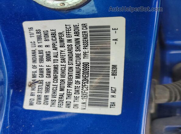 19XFC2F53HE009990 2017 HONDA CIVIC Blue ძრავის განყოფილების ხედი