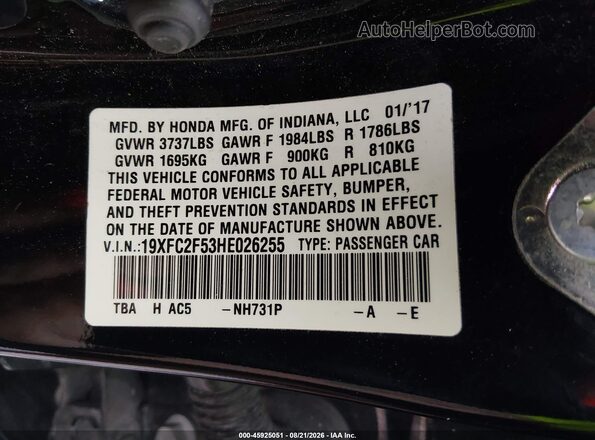 19XFC2F53HE026255 2017 HONDA CIVIC Black Vista del compartimento del motor