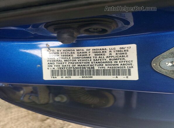 19XFC2F53HE061636 2017 HONDA CIVIC Blue Widok komory silnika