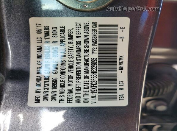 19XFC2F53HE229095 2017 HONDA CIVIC Gray Vista interior de 360 grados