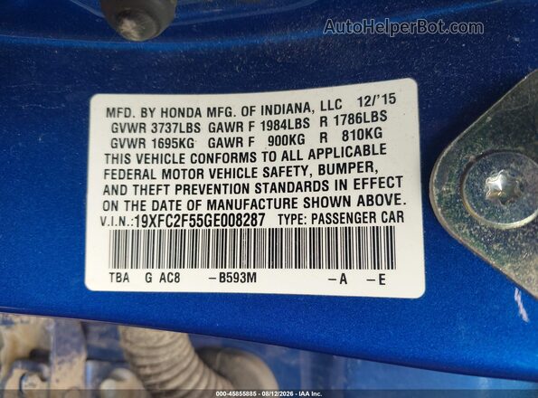 19XFC2F55GE008287 2016 HONDA CIVIC Dark Blue Engine compartment view