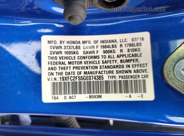 19XFC2F55GE074385 2016 HONDA CIVIC Blue Շարժիչի բաժամունքի տեսք