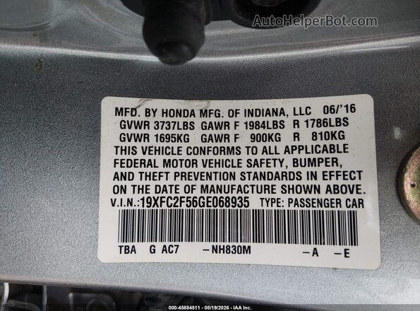 19XFC2F56GE068935 2016 HONDA CIVIC Silver Engine compartment view