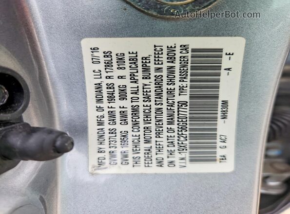 19XFC2F56GE077750 2016 HONDA CIVIC Silver Вид підкапотного простору