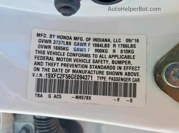 19XFC2F56GE094371 2016 HONDA CIVIC Белый Вид подкапотного пространства