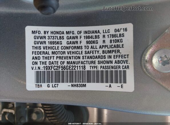 19XFC2F56GE221118 2016 HONDA CIVIC Silver ძრავის განყოფილების ხედი