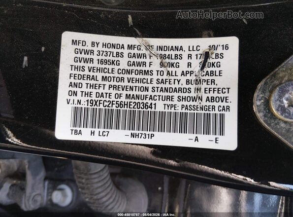 19XFC2F56HE203641 2017 HONDA CIVIC Black ძრავის განყოფილების ხედი