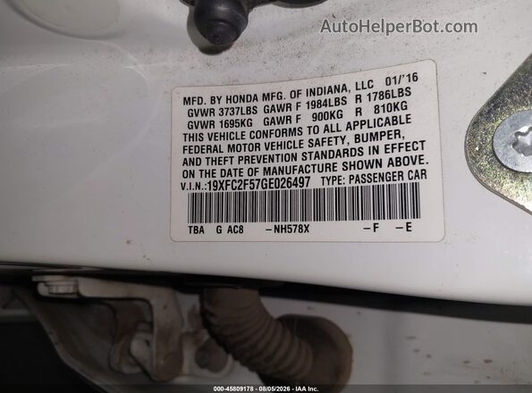 19XFC2F57GE026497 2016 HONDA CIVIC White Vista del compartimento del motor